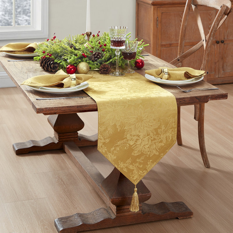 Tilghman Poinsettia Elegance Jacquard Holiday Table Runner, Gold