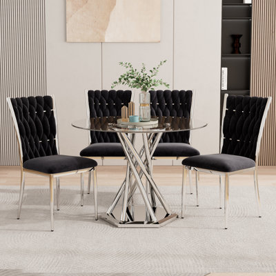 Ensemble de table de salle à manger 38,9 po pour 4, 5 pièces, ensemble de table de salle à manger ronde en verre transparent avec 4 chaises rembourrées en velours, pour cuisine, salle à manger, appartement