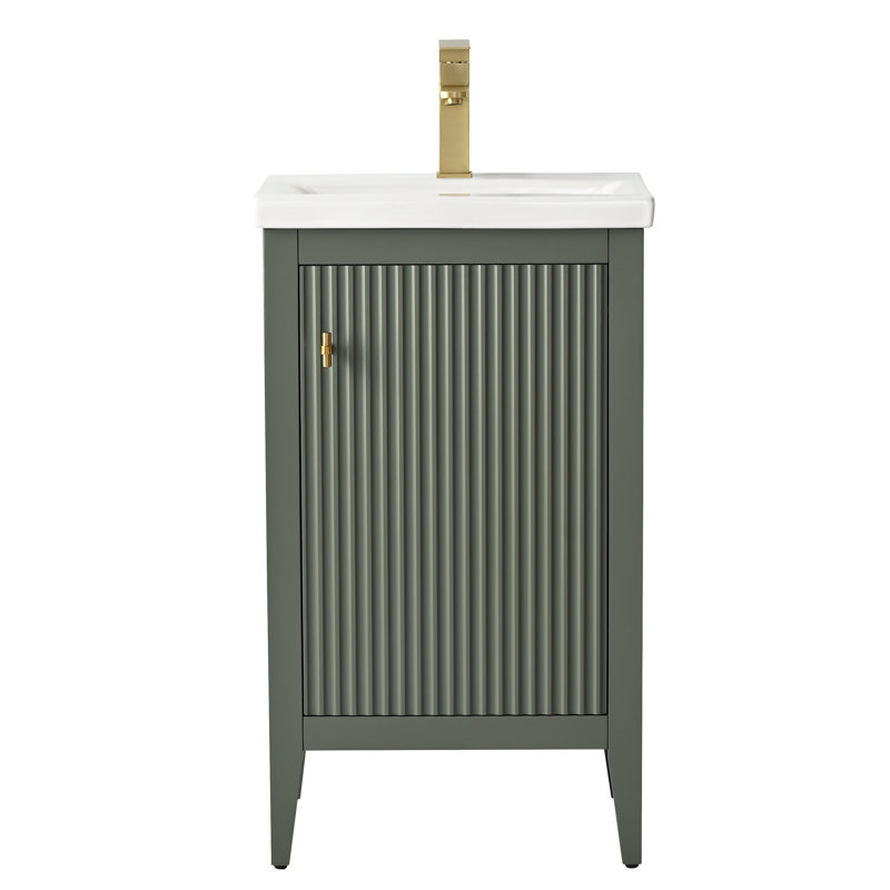 Meuble-lavabo simple pour la salle de bain avec plateau en céramique, Linéaire vert rétro, Doré brossé, 20"