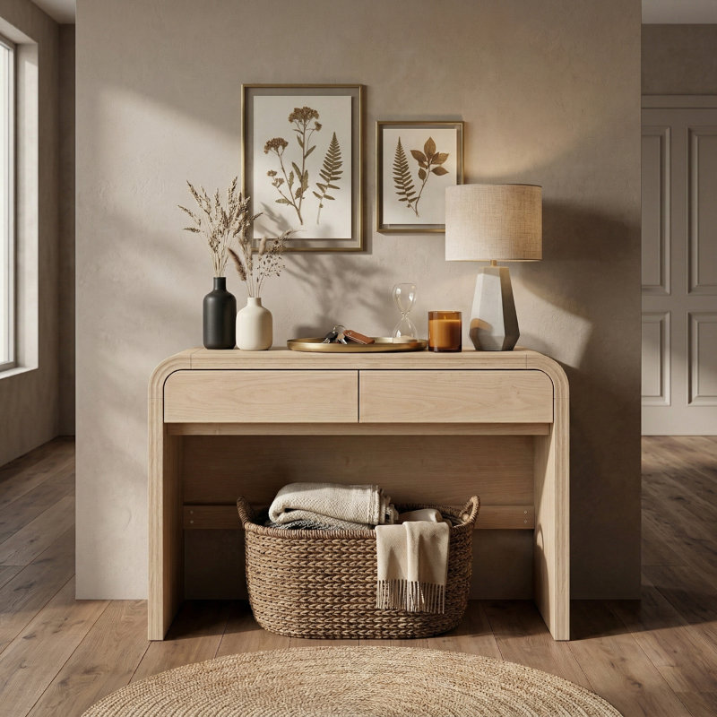 Curved Edge 47.24" Wide Natural MDF Console Table with 2 Drawers, Natural