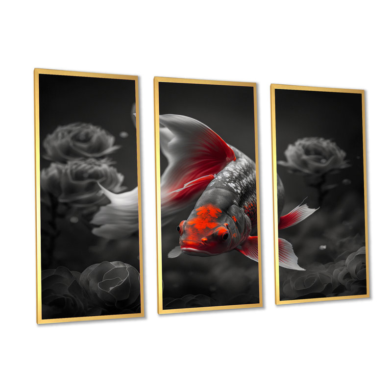 «Black and Red Tropical Fish IV», reproduction sur toile 3 pièces, H 20 po x l 36 po x P 1 po