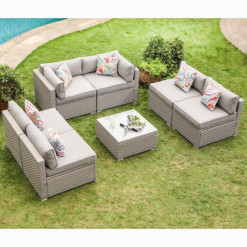 Ensemble de conversation avec canapé 7 pièces Pelluri, Gris chaleureux, Gris clair