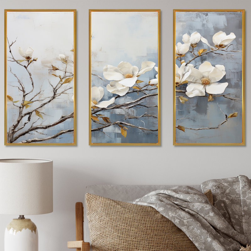 Ensemble de décorations murales Magnolias Bloom In White I - Magnolias, Cadre flottant doré, H 40 po x l 60 po x P 1 po