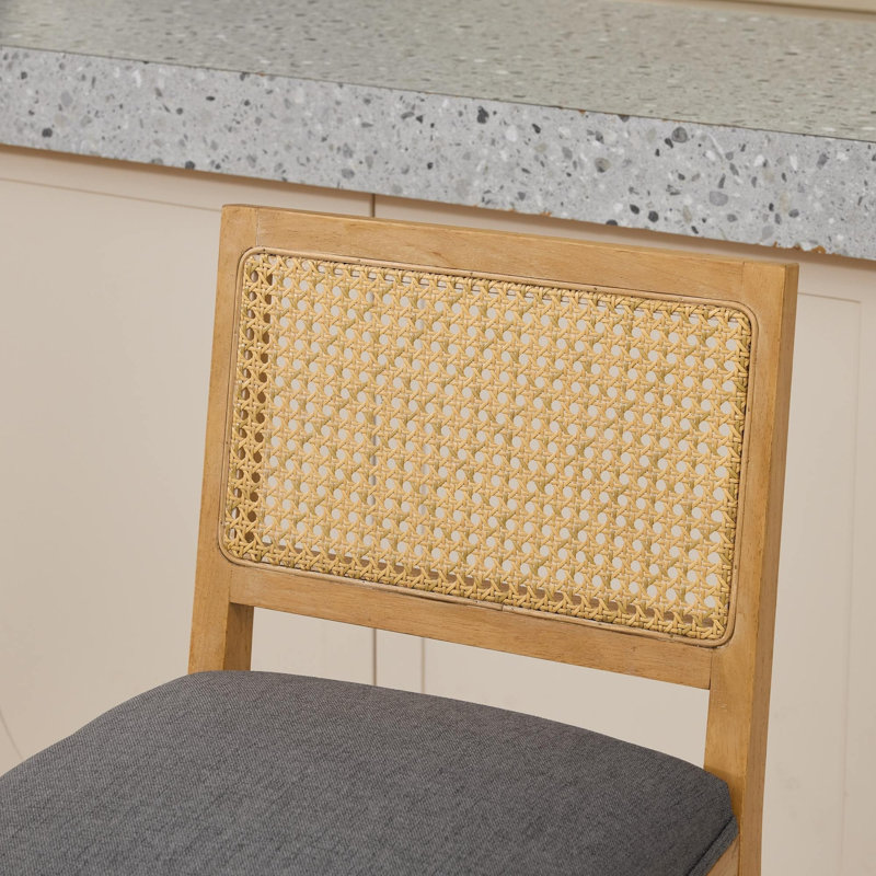 Ensemble de 2 tabourets de bar en rotin avec structure en bois massif, Brun; gris