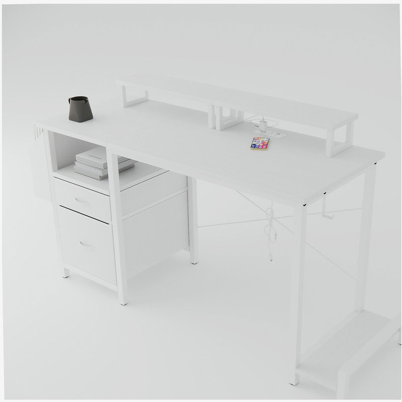 47.3-inch desk with power outlet, 2 monitor brackets, 2 drawers, side pocket, easy to assemble, reversible frame stability