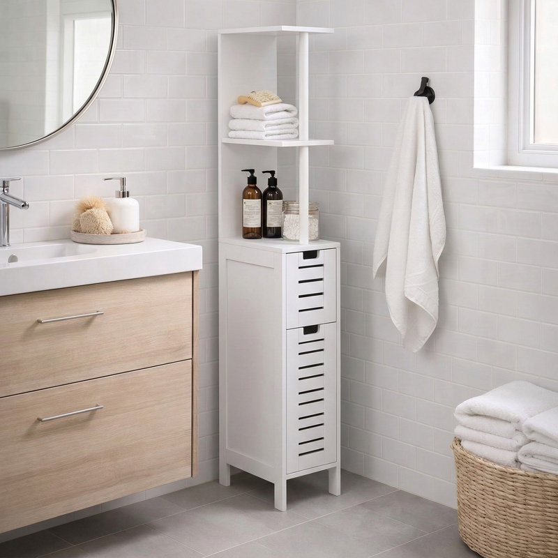 Miami Slim Bathroom Storage Cabinet with Open Shelves and Two Doors White