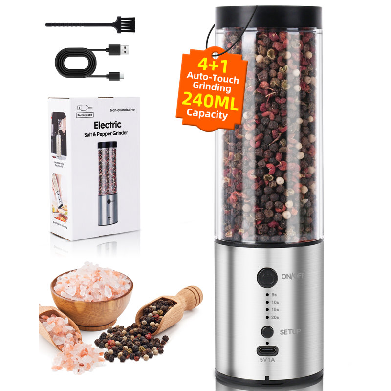 Ensemble de moulin à poivre et à poivre électrique, moulin automatique à grande capacité 240 ML avec 4 réglages de minuterie, rechargeable USB-C (1 paquet)
