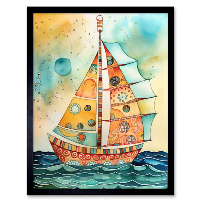Sailboat Concept With Dorsal Fin Sail Folk Art Artwork Framed Wall Art Print 9X7 Inch