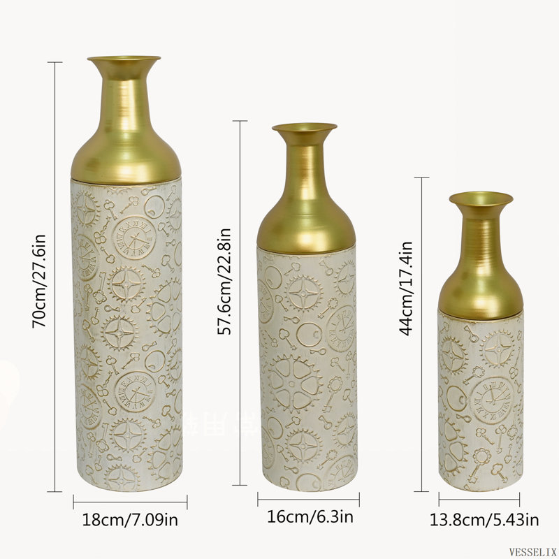 Ensemble de 3 vases de sol décoratifs en métal, motif feuille d'or et blanc antique