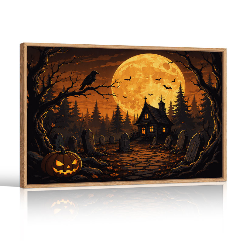 Art mural orange sur toile orange, clair de lune et maison hantée, H 24 po x l 36 po