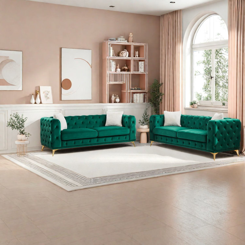 Compression Sofas Set, Green Velvet 3 Seater Modern Home Living Room