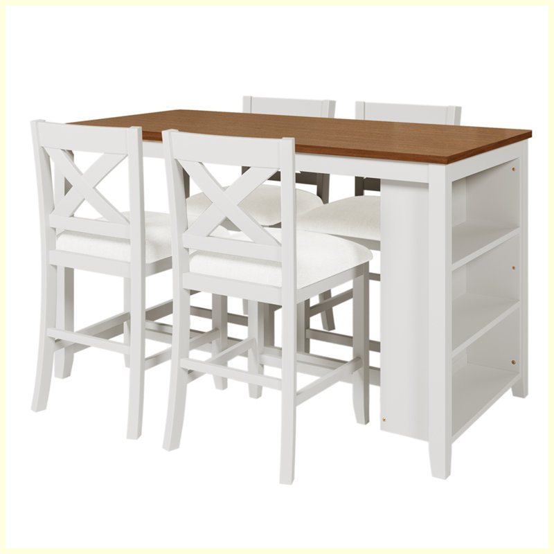 Ensemble de table de bar en bois rustique 5 pièces avec 4 chaises, Noyer/blanc, Beige