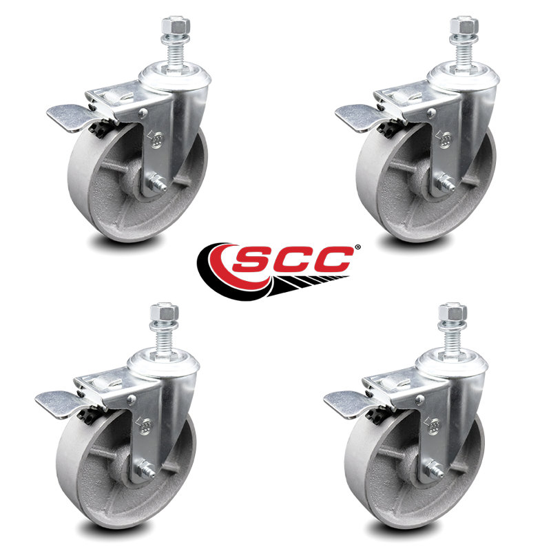 Ensemble de roulettes semi-pivotantes en acier inoxydable 4 avec roues de 5 po et tige 3/8 po