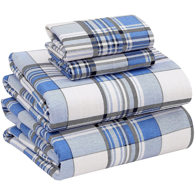 Ensemble de draps 100% flanelle 4 pièces, Ensemble de draps pour très grand lit avec 4 piè, Balance carreaux bleu / carreaux