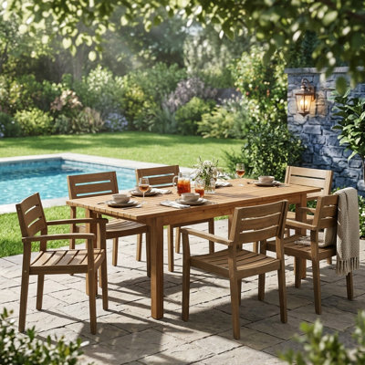 Grey Wood Outdoor Dining With 6 Ergonomic Seats And 1 Expandable Table For Poolside Parties Lawn