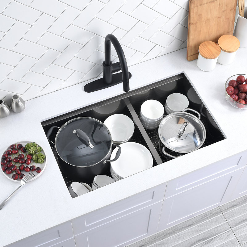 32 Black Undermount Double Bowl Kitchen Sink
