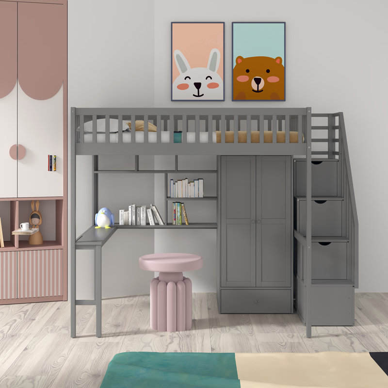 Giacopo Kids Full Loft Bed with Drawers, Gray