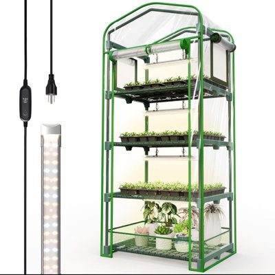 Indoor Greenhouse With Grow Lights, PVC Tent With Waterproof Base Mat, Airflow Windows&Zippered Door, Grow Lights For Seed Starting With Timer, 4-Tier Greenhouse Shelf, (Green)