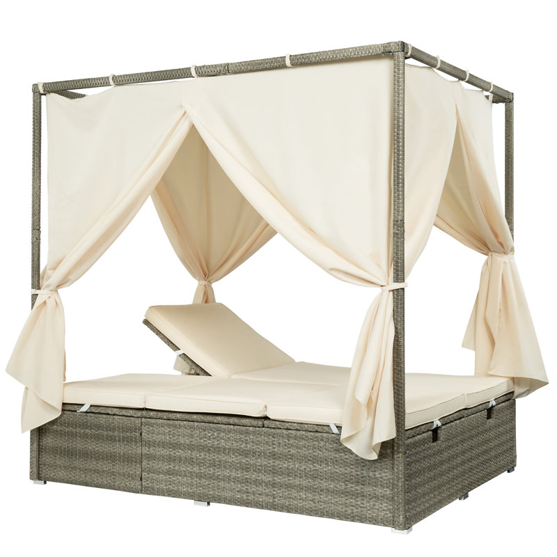 Chaise longue d'extérieur réglable avec auvent, Beige