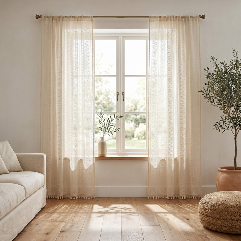 2 Panels Semi-sheer Lace Curtains with Tassels