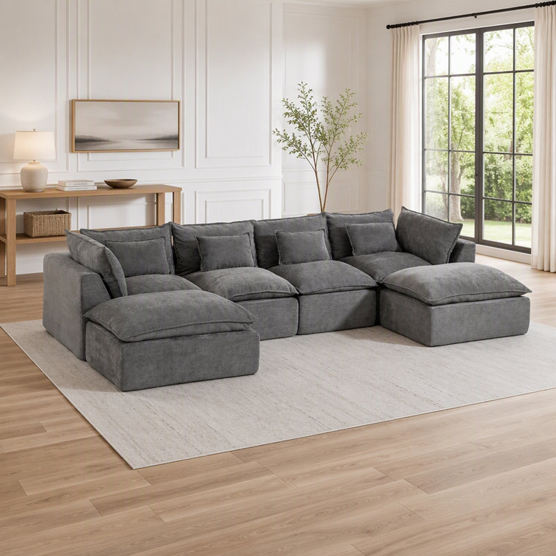 129.8" Width Cloud Couch Oversized Modular Sectional Sofa True Relax Comfy Couches Wide&Deep Seat Sofas for Living Room Furniture Sets,Waffle Fabric , 4Seat with 2Ottoman