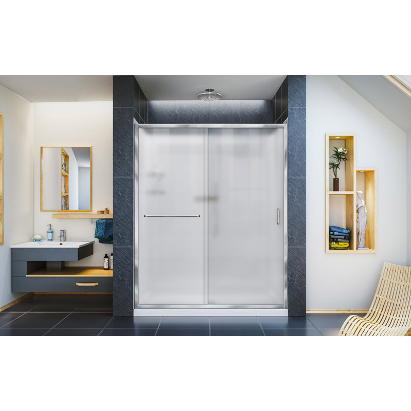 Infinity-Z 60" x 76.75" Rectangle Sliding Shower Enclosure with Base Included, Chrome, Center, Frosted Tempered