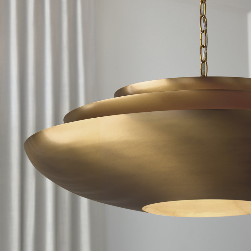 29.5" W x 11.5" H 1-Light Modern Tiered Bowl Pendant in Aged Brass with Real Alabaster Diffuser, 29.5"W x 11.5"H