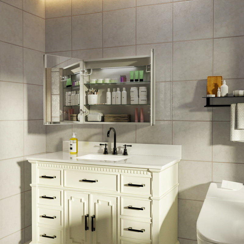 Pharmacie de salle de bain éclairée à DEL avec miroir, 30 po x 26 po, Pharmacie encastrée ou à surface, désembuage, gradation continue, changement de température de couleur, 2 prises, tablettes de rangement