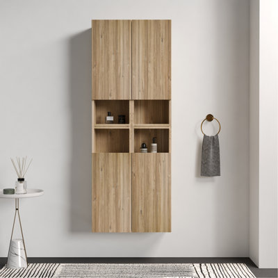 Rough Oak & Rough Oak Bathroom Floating 4-Piece Side Cabinet Set, Wall-Mounted Storage Cabinet For Small Space