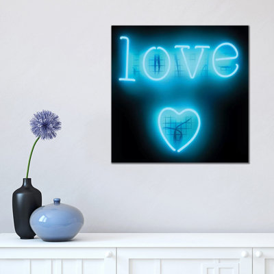Neon Love Heart Aqua on Black 1 Piece Wrapped Canvas Wall Art