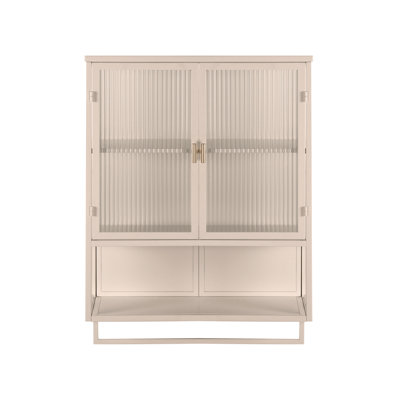 Armoire murale moderne 23,62 po à deux portes en verre avec rangement fermé à deux niveaux, tablette ouverte et porte-serviettes