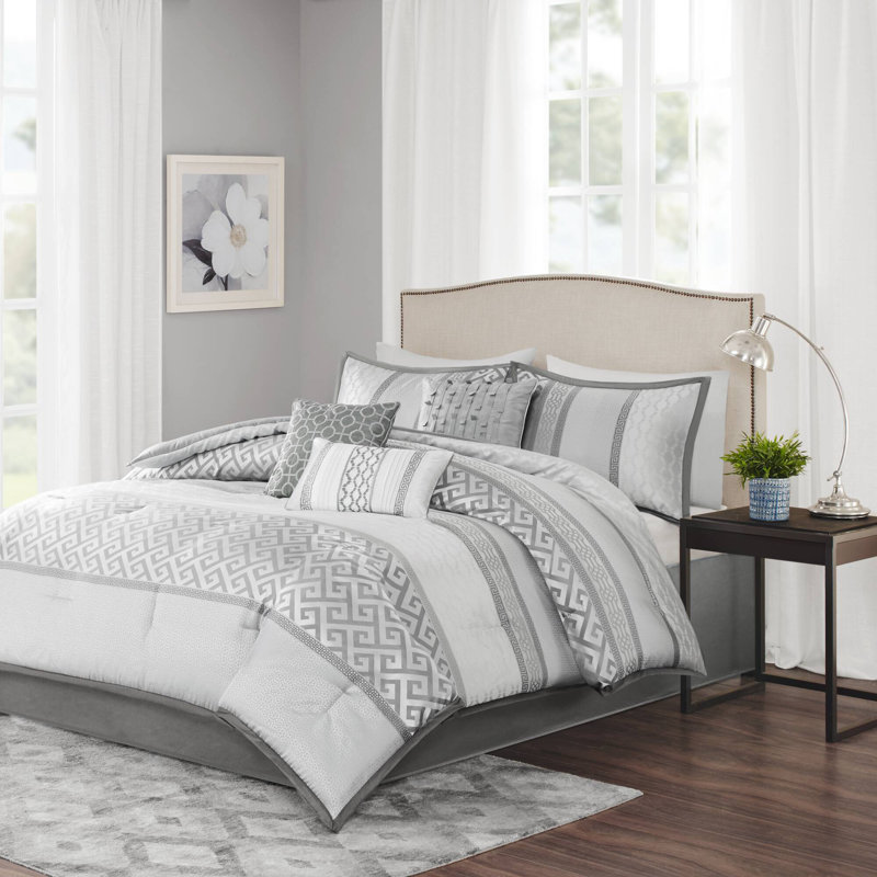 Bennett 7 Piece Jacquard Comforter Set, Cal. King Comforter + 1 Bed Skirt + 2 Shams + 3 De, Gray