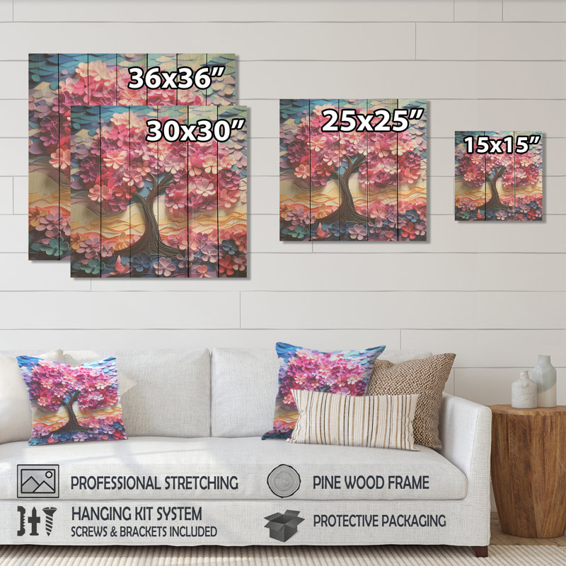 Pink And Purple Tree Essence III - Tree On Wood Print, 36" H x 36" W
