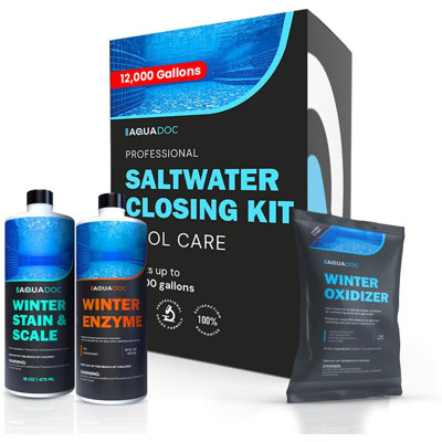 Trousse d'hivernisation de piscine AquaDoc pour piscines d'eau salée - Traite jusqu'à 12 000 gallons - Trousse de fermeture de piscine pour piscines hors terre et creusées - Comprend l'enzyme, la teinture et la balance, l'oxydant pour les piscines de sel