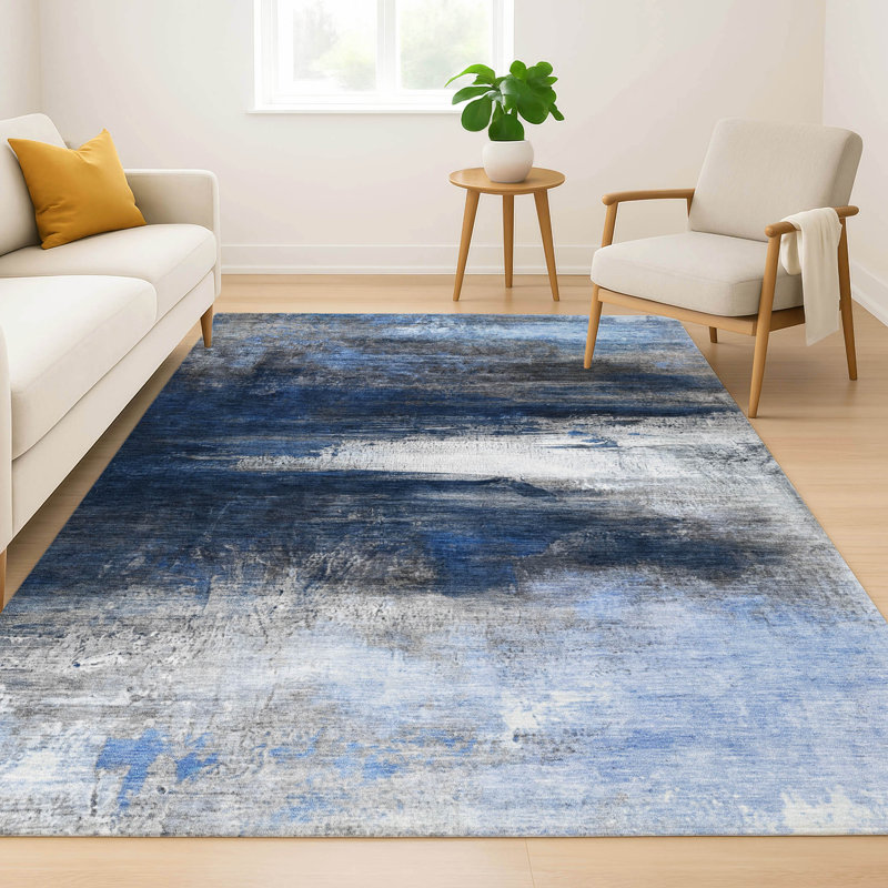 Tapis abstrait lavable à la machine de qualité supérieure Mayfield, Marine, 10 pi x 14 pi