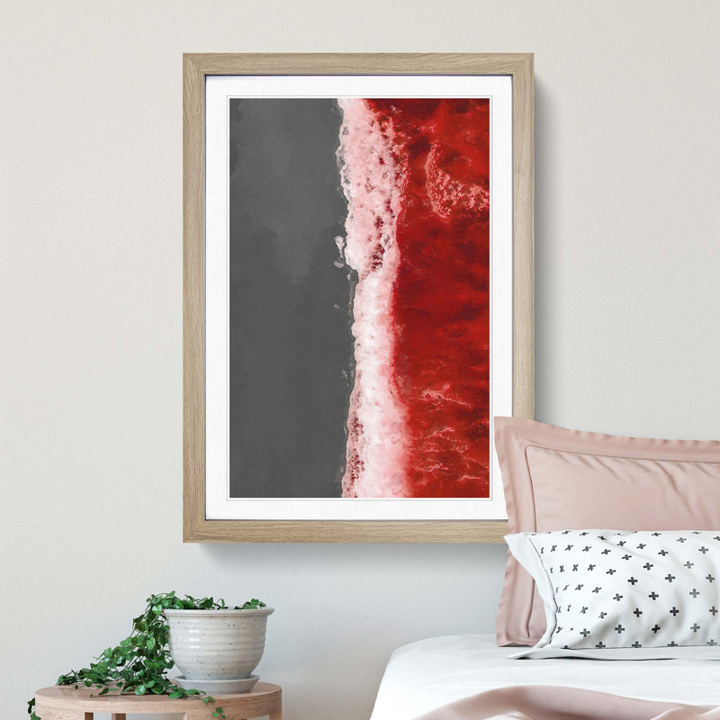 The Red Ocean Waves in Abstract - Picture Frame Graphic Art Print, 87cm H x 62cm W x 2cm D, Oak Framed