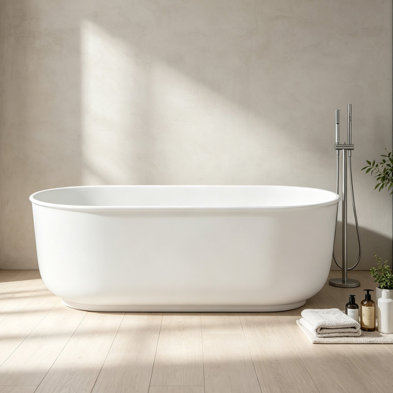 67 in. Oval Solid Surface Freestanding Soaking Bathtub with Overflow, Matte White