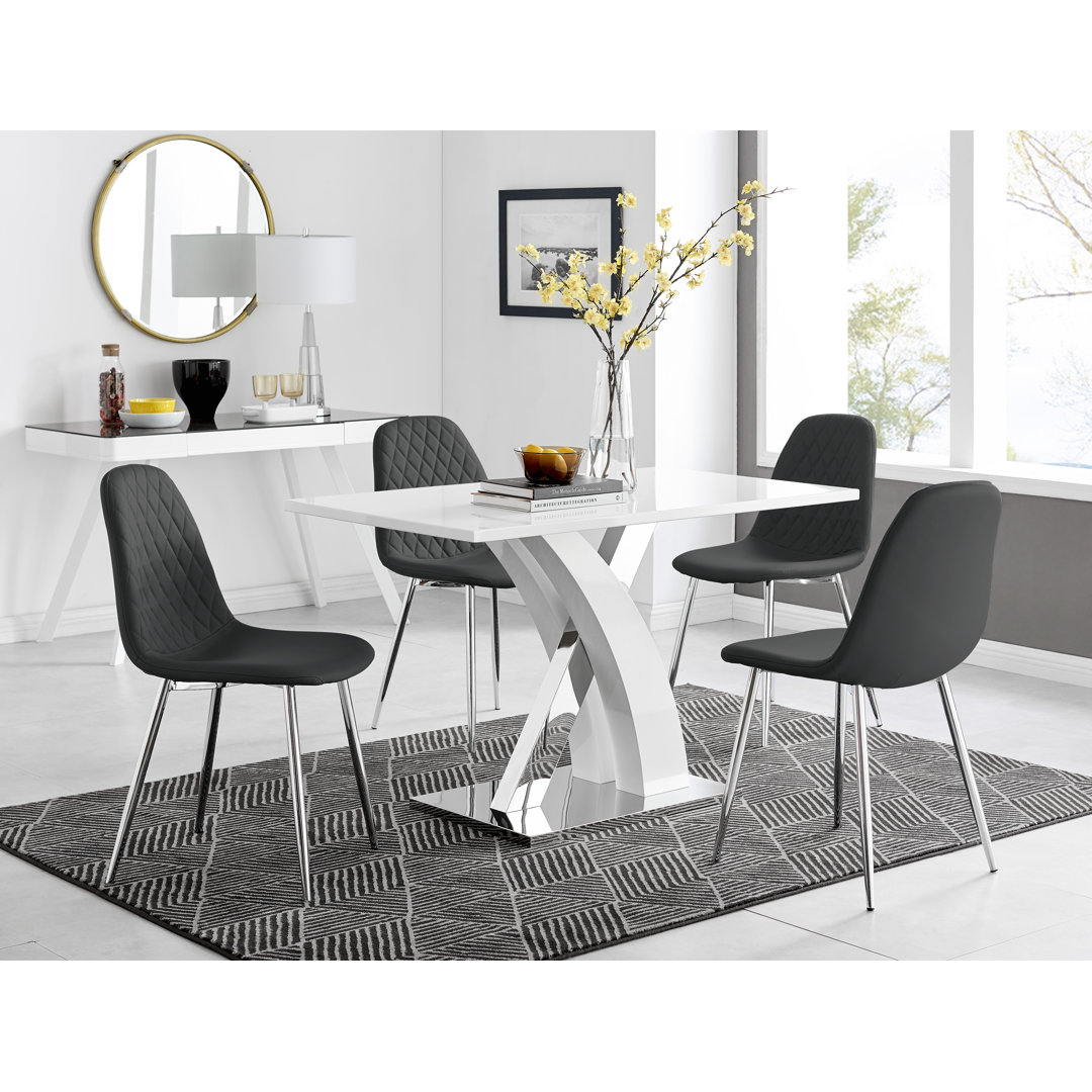 Edzard Chrome & White High Gloss Dining Table Set with 4 Luxury Faux Leather Dining Chairs East Urban Home Chair 
