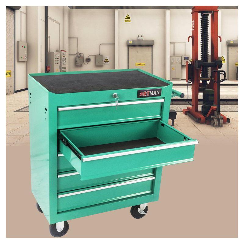 Coffre à outils à 5 tiroirs, armoire de rangement à outils roulante avec système de verrouillage et 4 roues pour l'organisation du garage, chariot à outils en métal vert