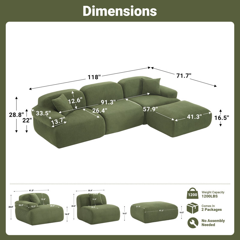 118.5"Comfy Cloud Modern Couch Modular Sectional Sofa Compression, Green Corduroy