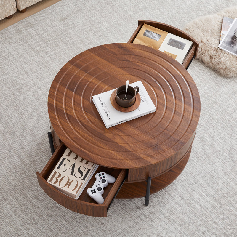 Table basse ronde 30,47 po avec tiroirs, Noyer