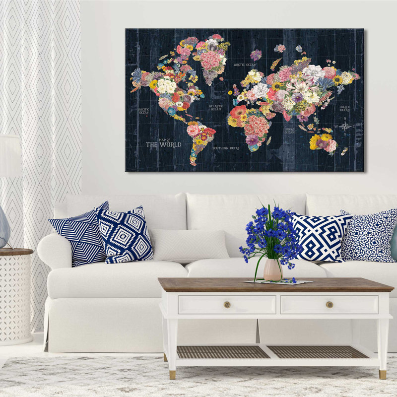 Botanical Floral Map Words - impression d'art graphique, Encadrement argenté, H 27,5 po x l 39,5 po x P 0,75 po