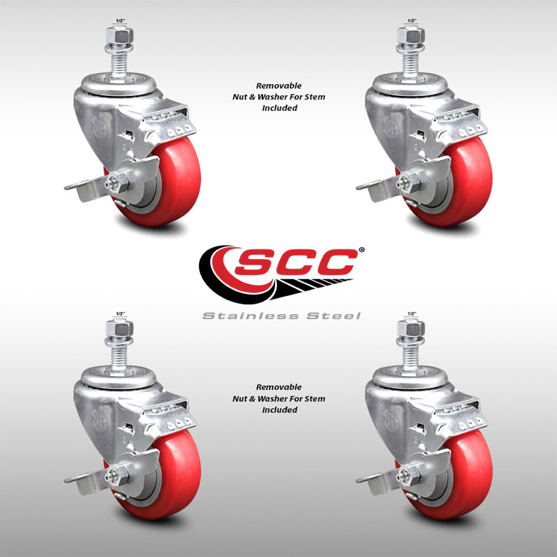 3.5 Inch SS Red Polyurethane Swivel ½ Inch Threaded Stem Caster Set Brake SCC