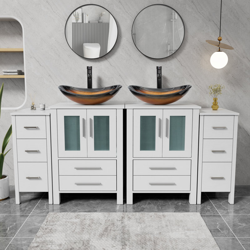 Sharee 72" Double Sink Bathroom Vanity With Vessel Sink, Manufactured Wood Top, Faucet And Drain, White, Brown