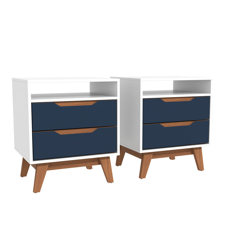 Ensemble de 2 tables de chevet Devaney Paris avec deux tiroirs, une tablette ouverte et des poignées intégrées, White/Blue