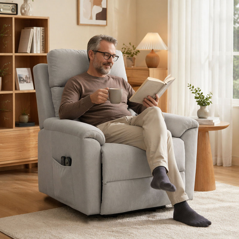 Lift Assist Recliner, Light Grey Polyester, Power - Remote, Foam