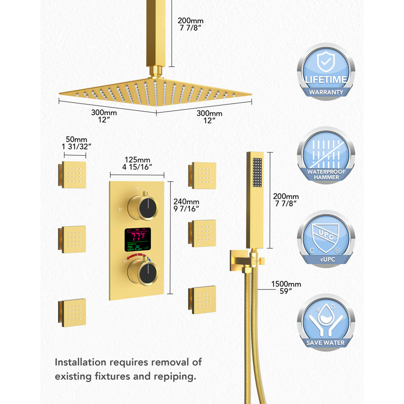 Digital Display Pressure‑Balanced Shower System, 12" Ceiling Mount Rainfall Shower Faucet with Handheld Spray, Brushed Gold