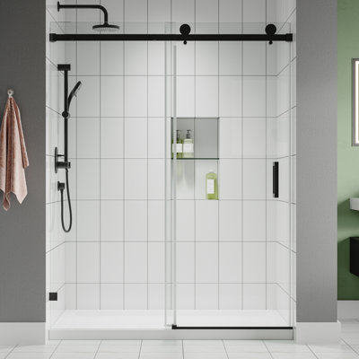 Porte de baignoire de douche coulissante simple sans cadre de 56 po à 60 po x H 60 po Serenity en noir mat avec verre transparent de 3/8 po