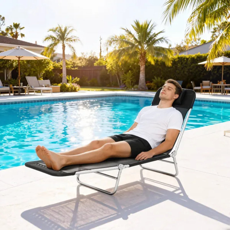 Chaise longue noire pliante, chaise de bronzage portative réglable à 5 niveaux avec coussin pour la plage et la piscine