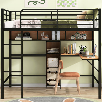 Lit mezzanine double en métal et bois noir et brun, construction solide, tablettes de bureau en L, espace sous le coffre-fort avec garde-corps, aucun sommier nécessaire